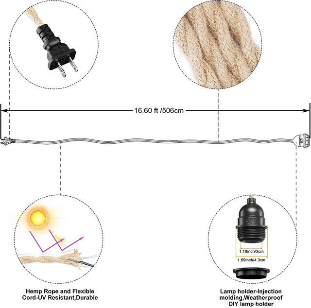 Lámpara de techo decorativa Vintage impermeable, iluminación colgante de cuerda de cáñamo DIY