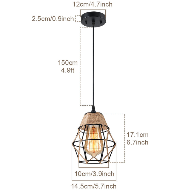 Nuevo Lámpara de techo de jaula de hierro y diamante con cuerda de cáñamo