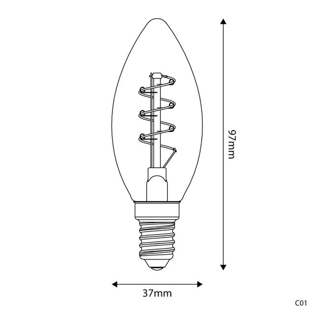 Bombilla LED Dorada Línea Carbono Espiral Curvada Filamento Vela C35 2,5W 136Lm E14 1800K Regulable